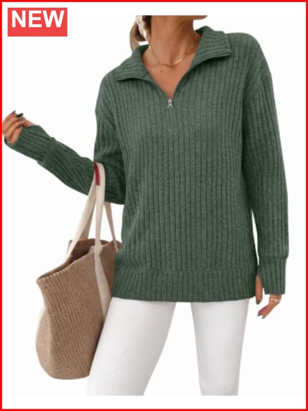 Quarter Zip Pullover Sweater Long Sleeve Thumbholes Mock Neck